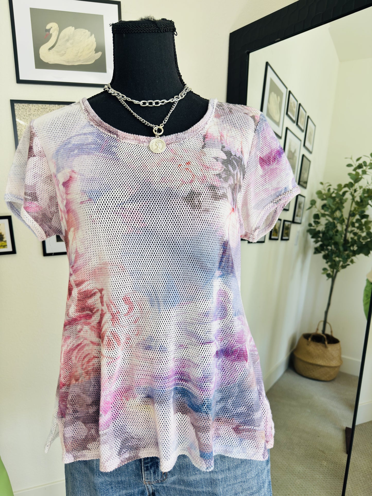 Pilcro Abstract Floral Mesh Short Sleeve Top - Size S