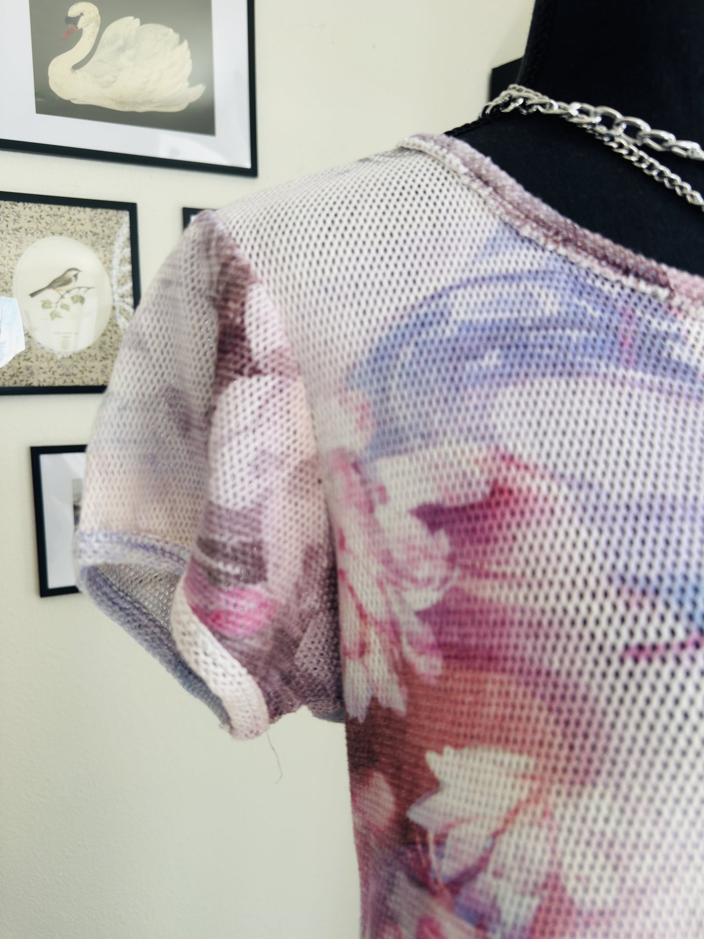 Pilcro Abstract Floral Mesh Short Sleeve Top - Size S