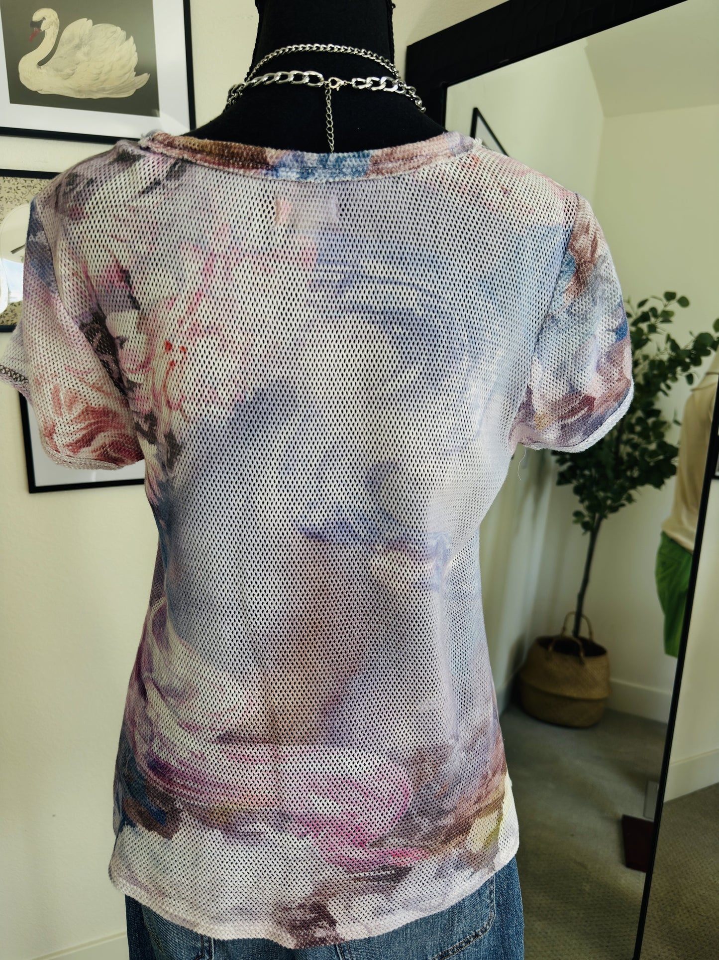 Pilcro Abstract Floral Mesh Short Sleeve Top - Size S