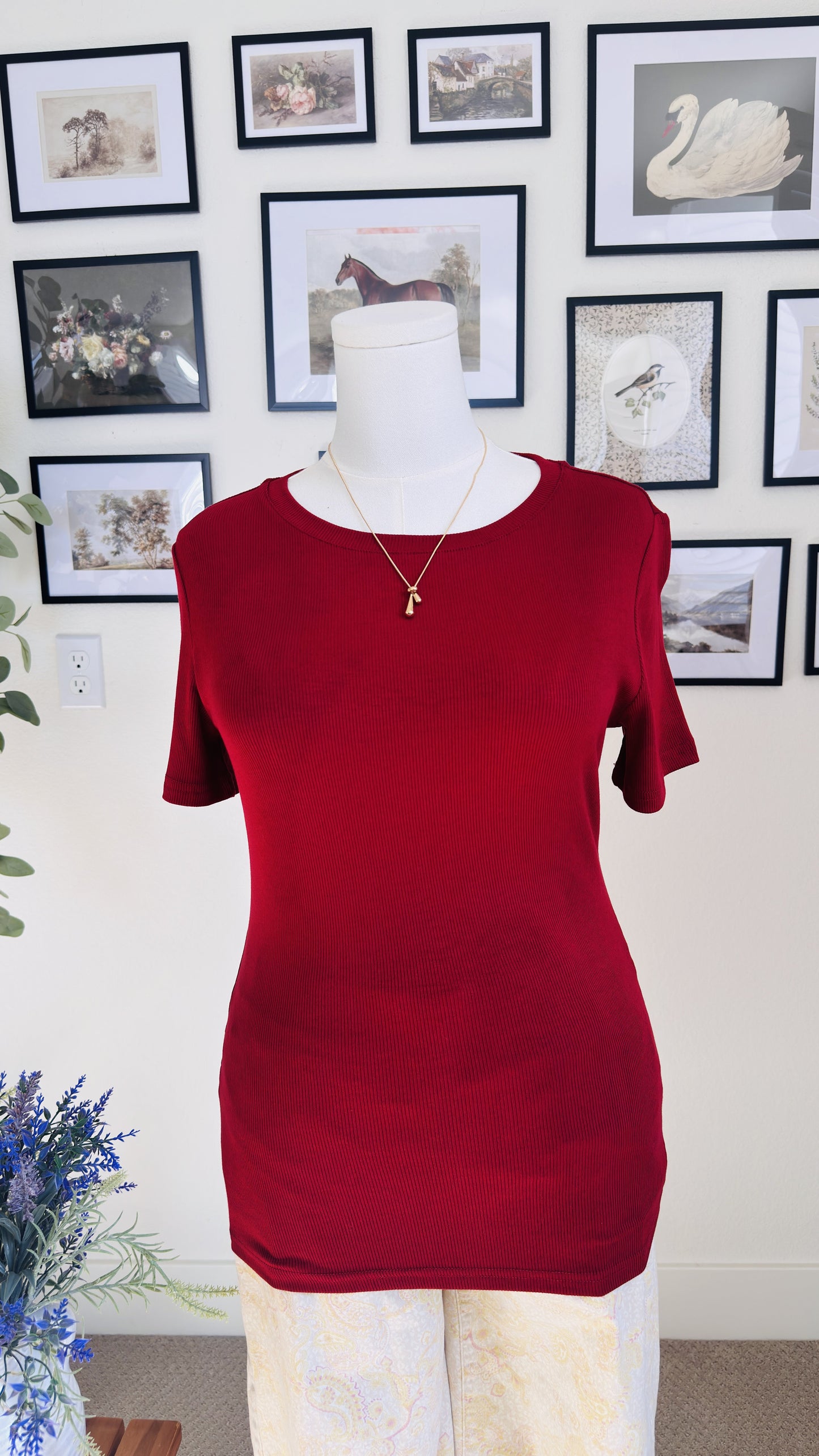 PrettyGarden Red Ribbed Short Sleeve Top - Size M