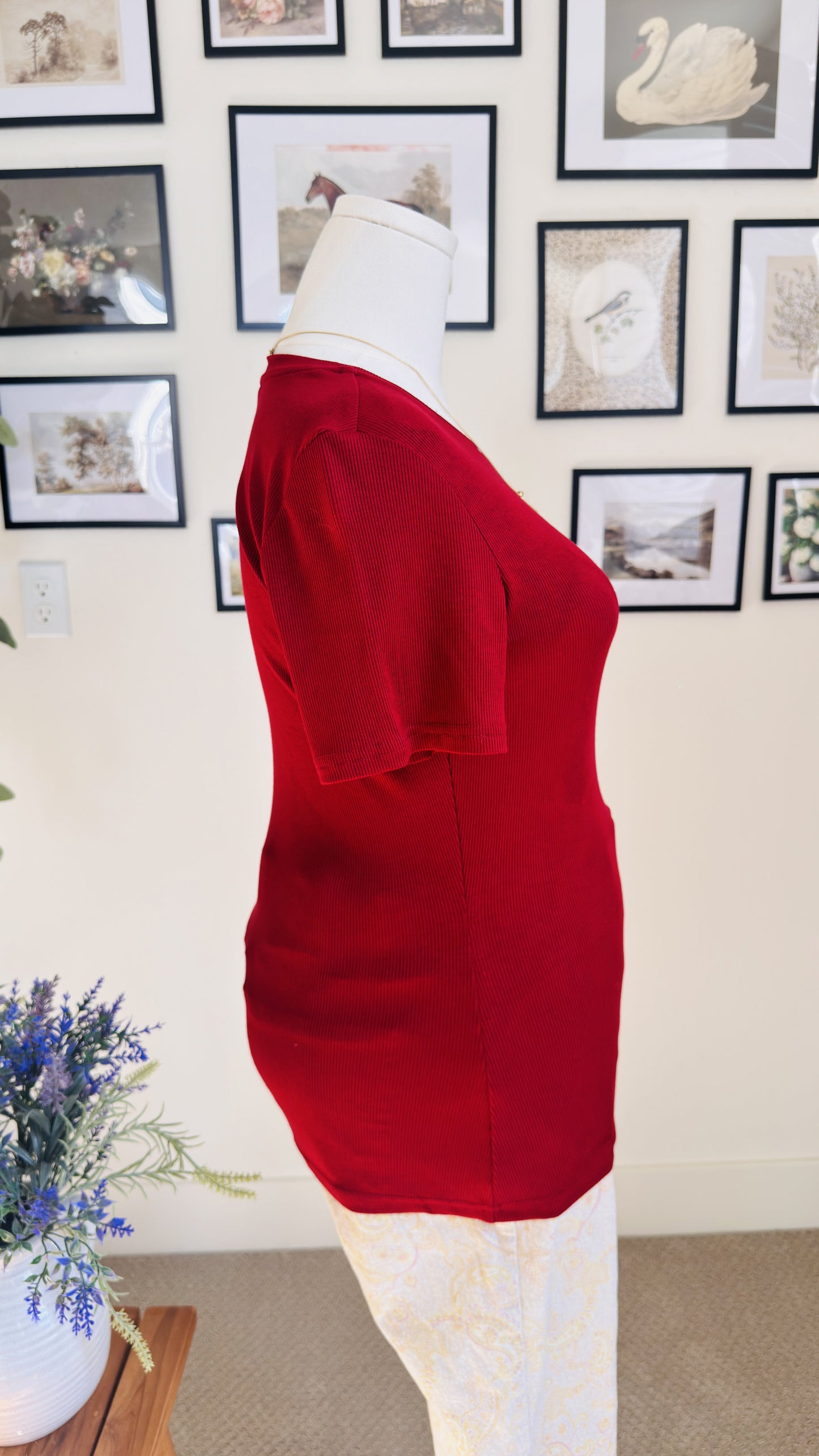 PrettyGarden Red Ribbed Short Sleeve Top - Size M