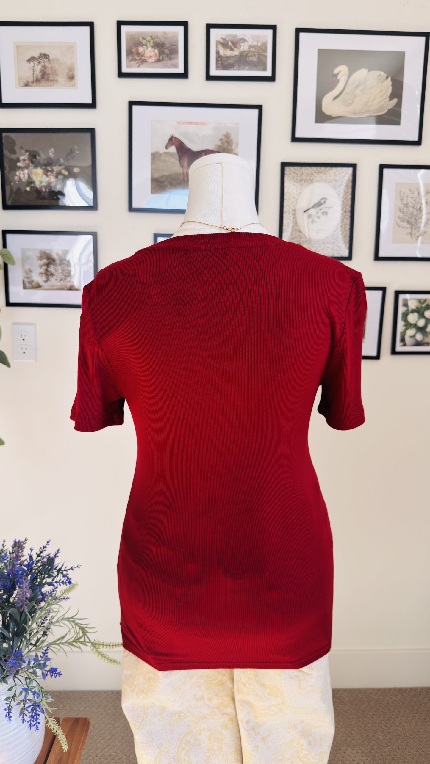 PrettyGarden Red Ribbed Short Sleeve Top - Size M