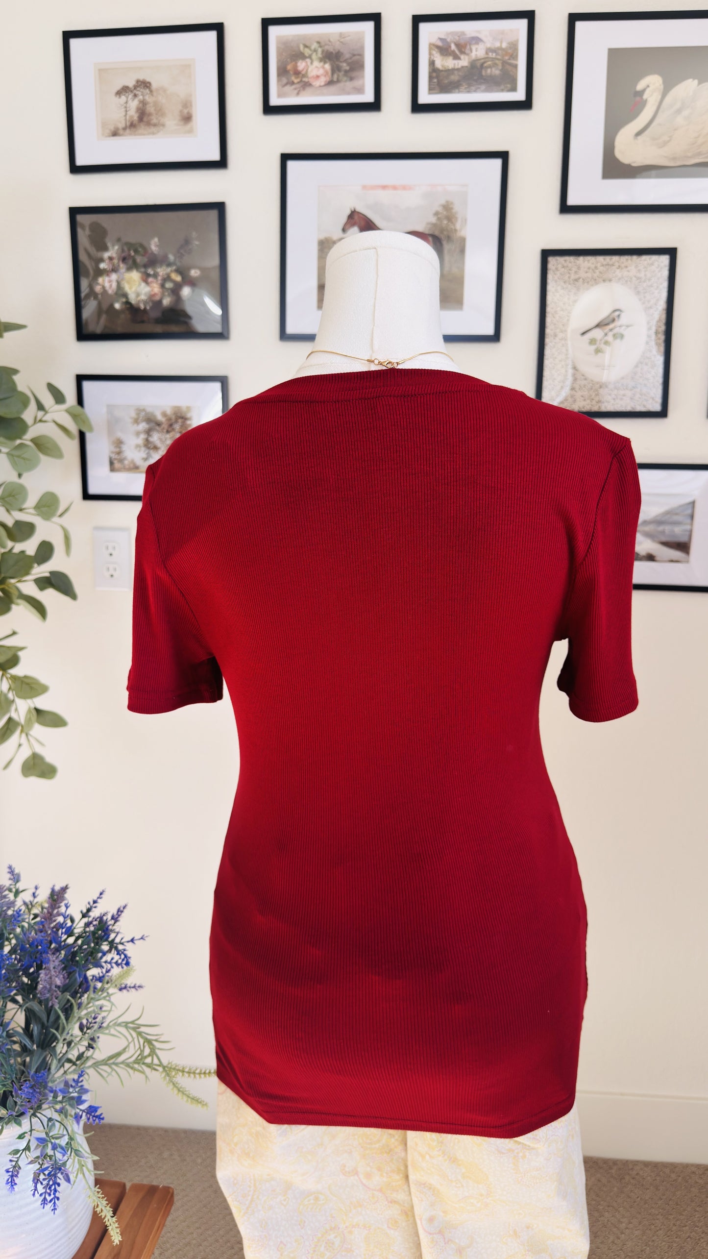PrettyGarden Red Ribbed Short Sleeve Top - Size M