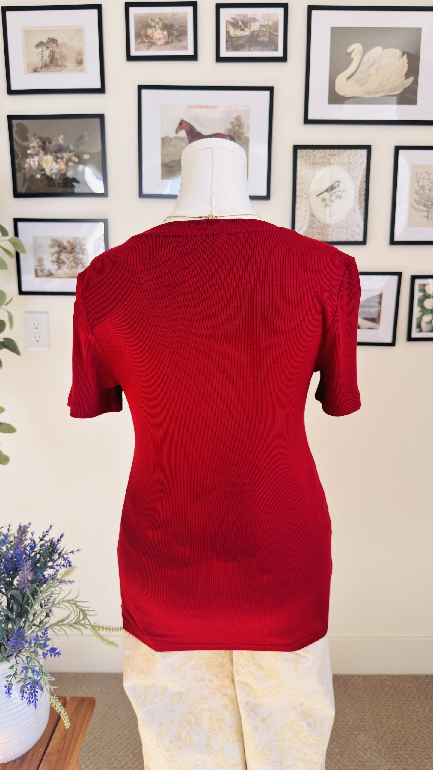 PrettyGarden Red Ribbed Short Sleeve Top - Size M