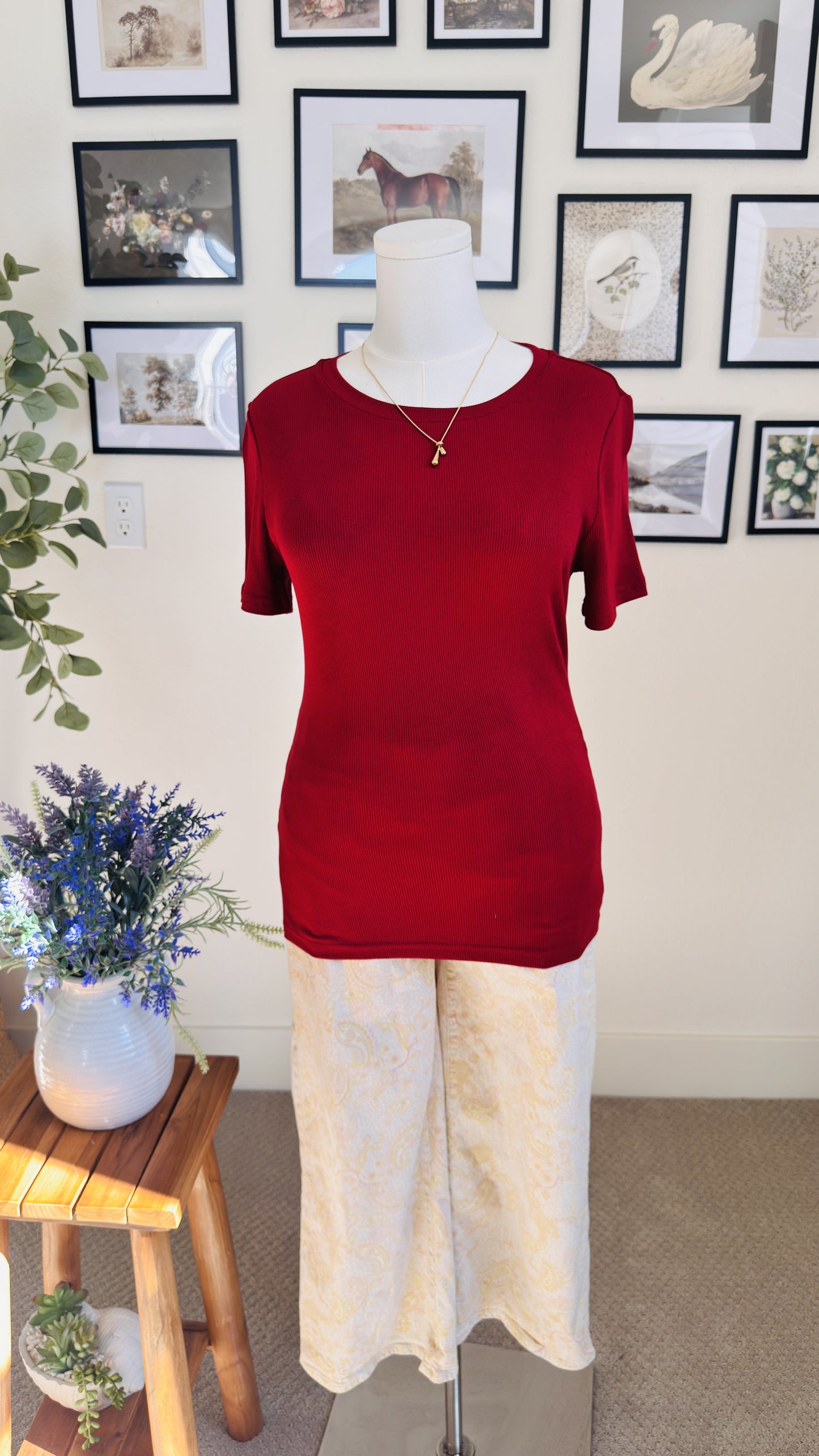 PrettyGarden Red Ribbed Short Sleeve Top - Size M