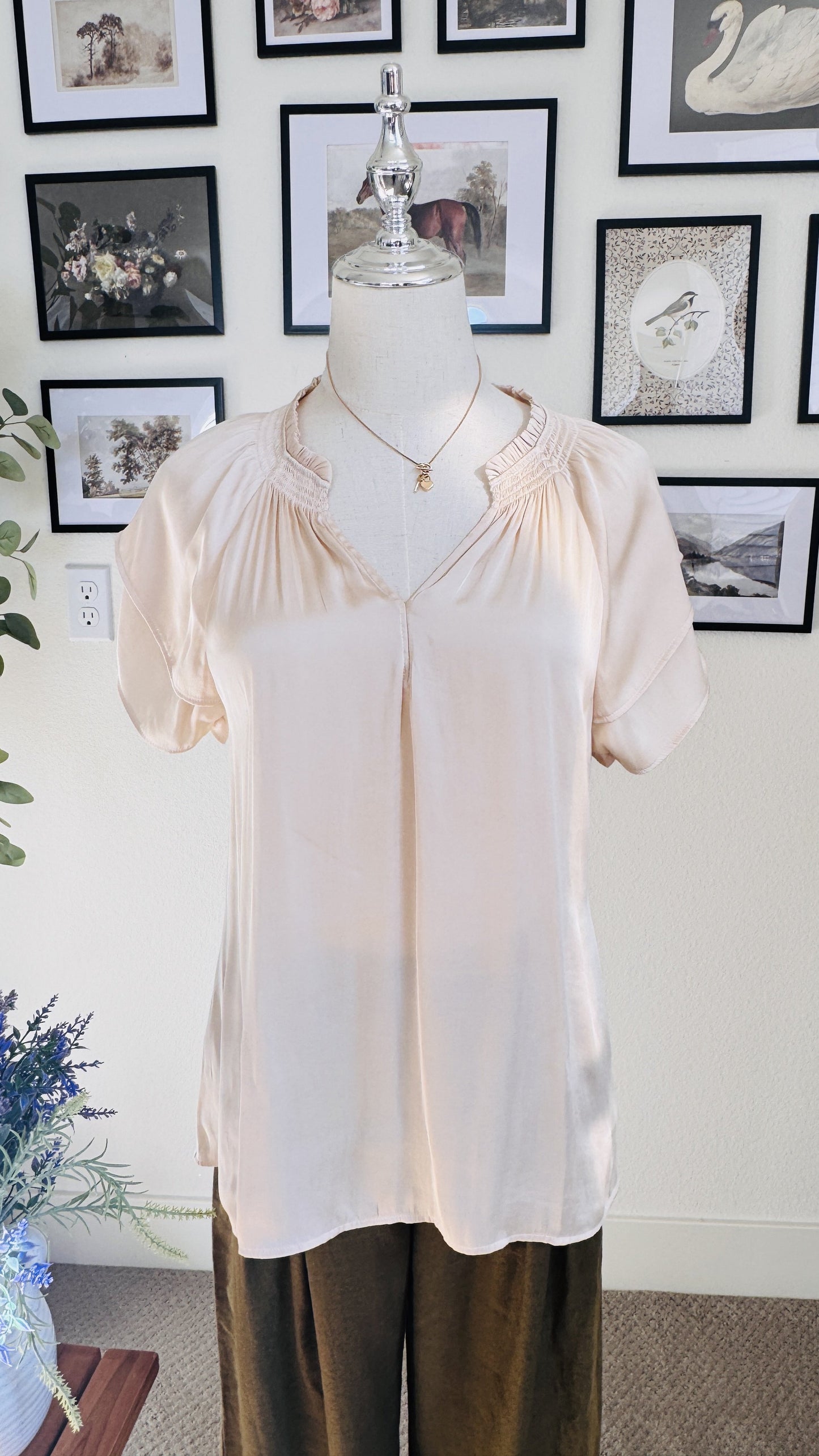 PAIGE Blush Satin Smocked Flutter Sleeve Blouse - Size S