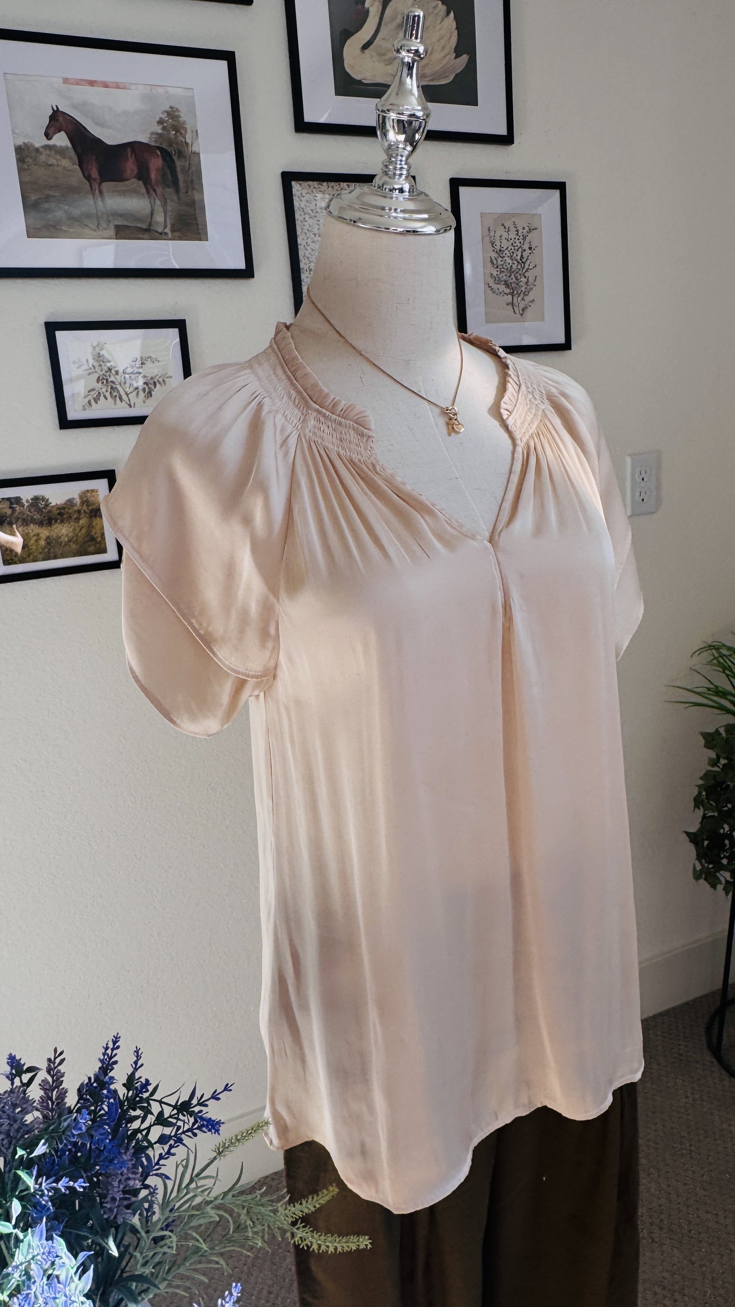 PAIGE Blush Satin Smocked Flutter Sleeve Blouse - Size S