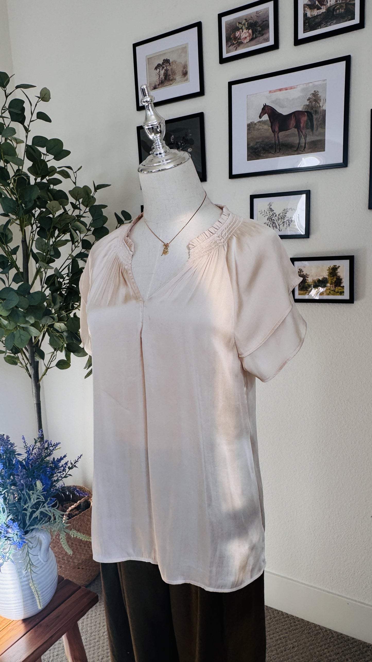 PAIGE Blush Satin Smocked Flutter Sleeve Blouse - Size S