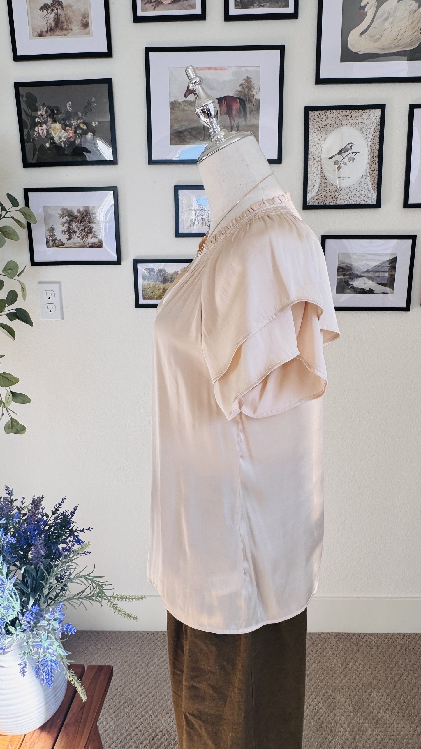 PAIGE Blush Satin Smocked Flutter Sleeve Blouse - Size S