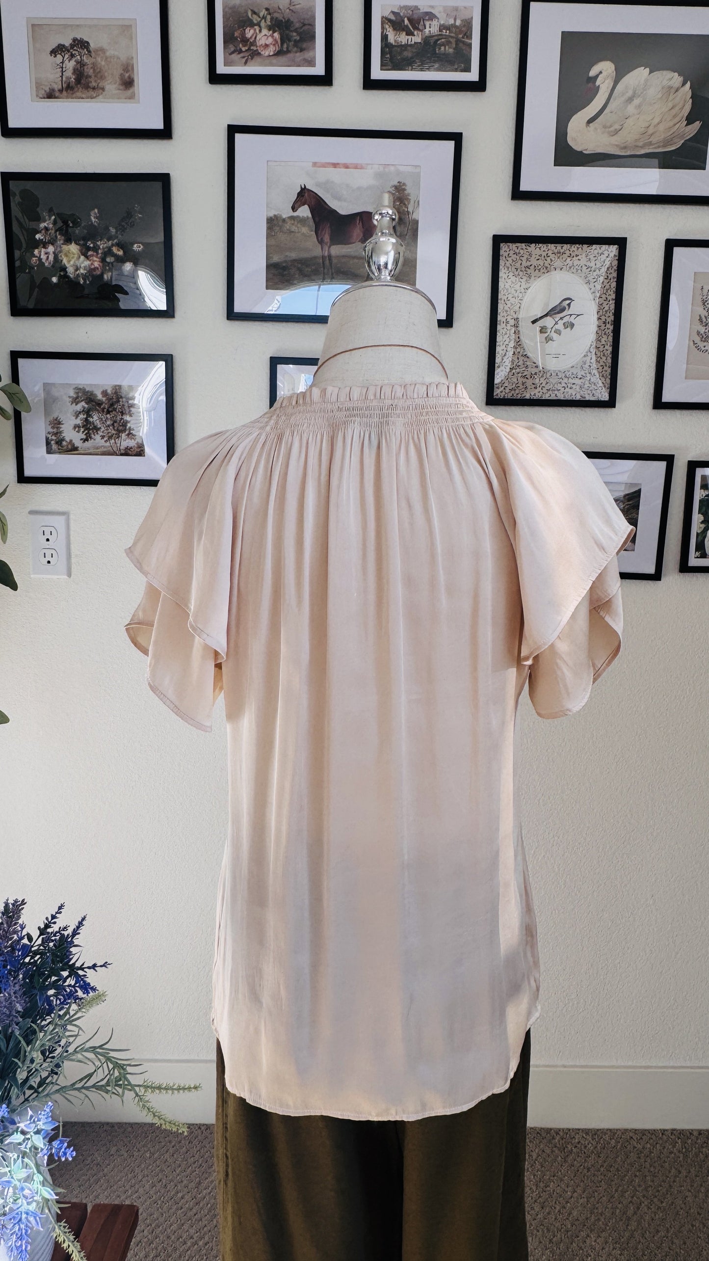 PAIGE Blush Satin Smocked Flutter Sleeve Blouse - Size S