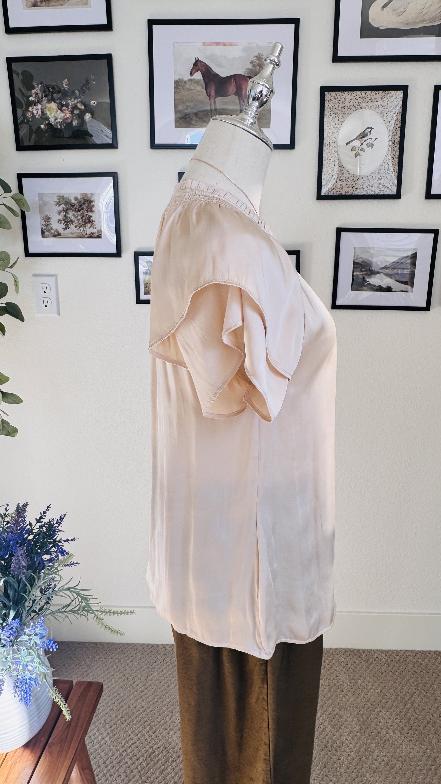 PAIGE Blush Satin Smocked Flutter Sleeve Blouse - Size S