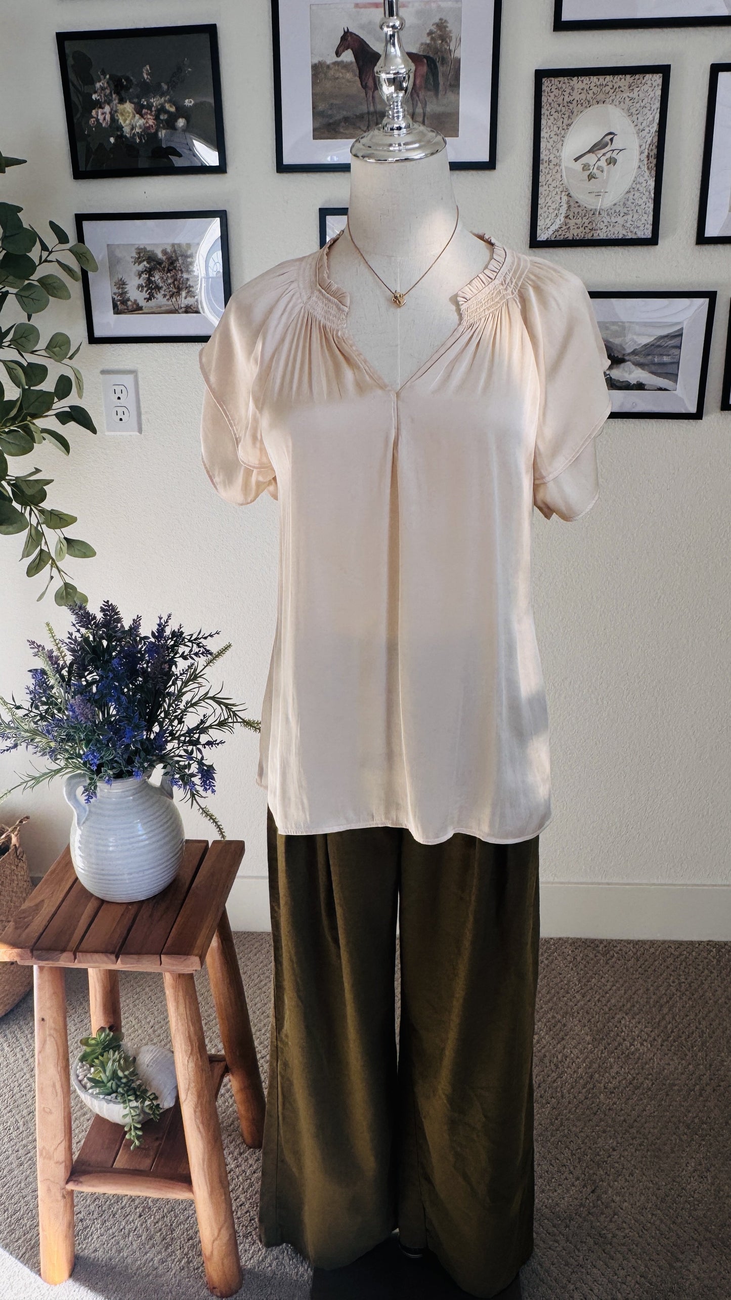 PAIGE Blush Satin Smocked Flutter Sleeve Blouse - Size S