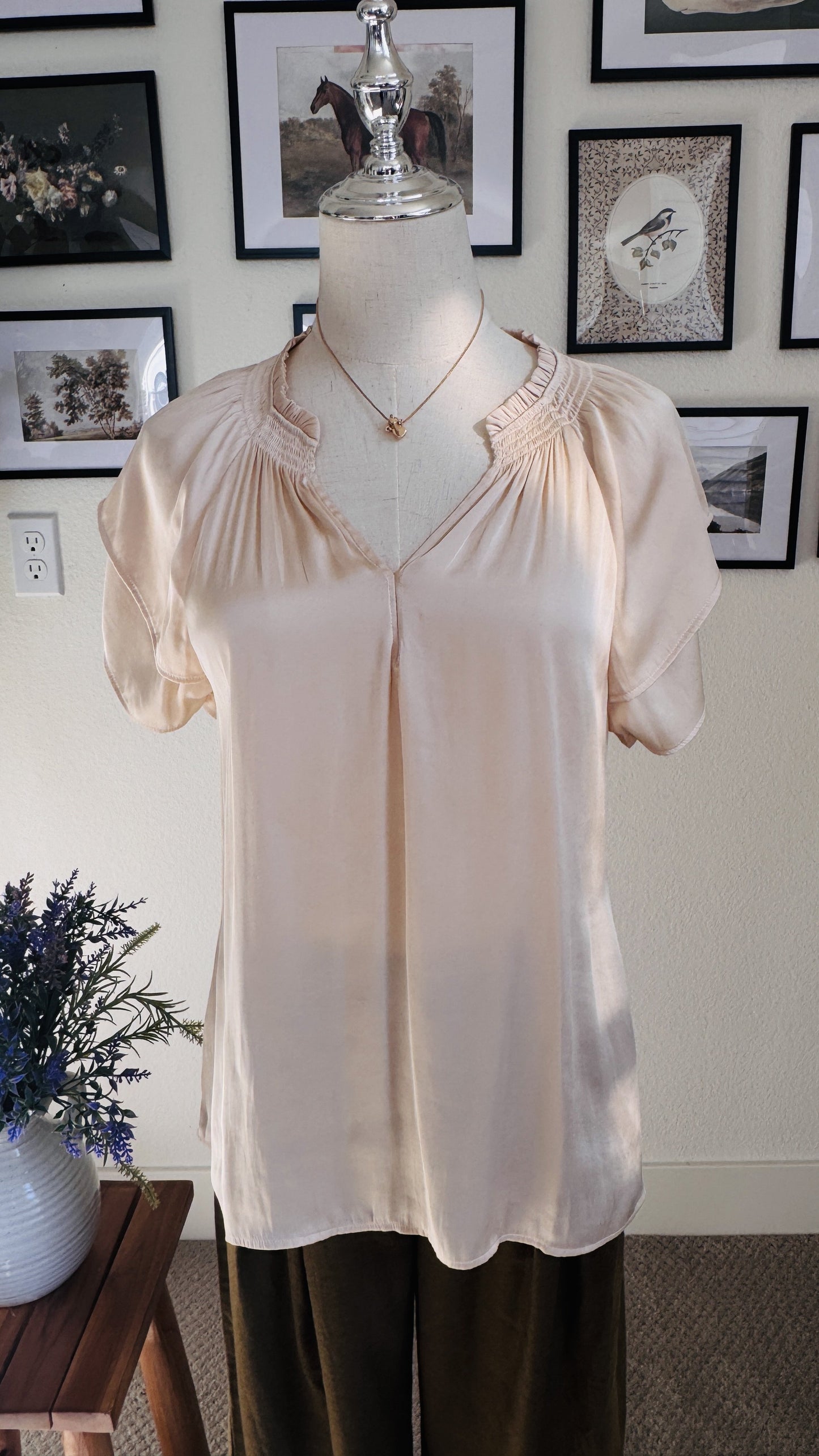 PAIGE Blush Satin Smocked Flutter Sleeve Blouse - Size S