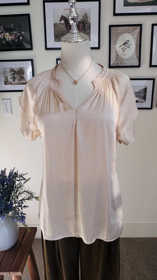 PAIGE Blush Satin Smocked Flutter Sleeve Blouse - Size S