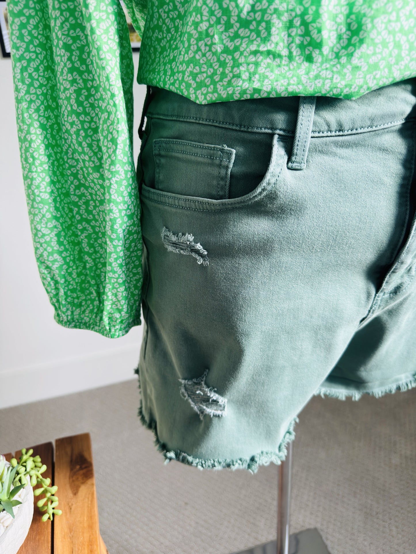 LC Lauren Conrad Sage Green Distressed Denim Shorts Size 14
