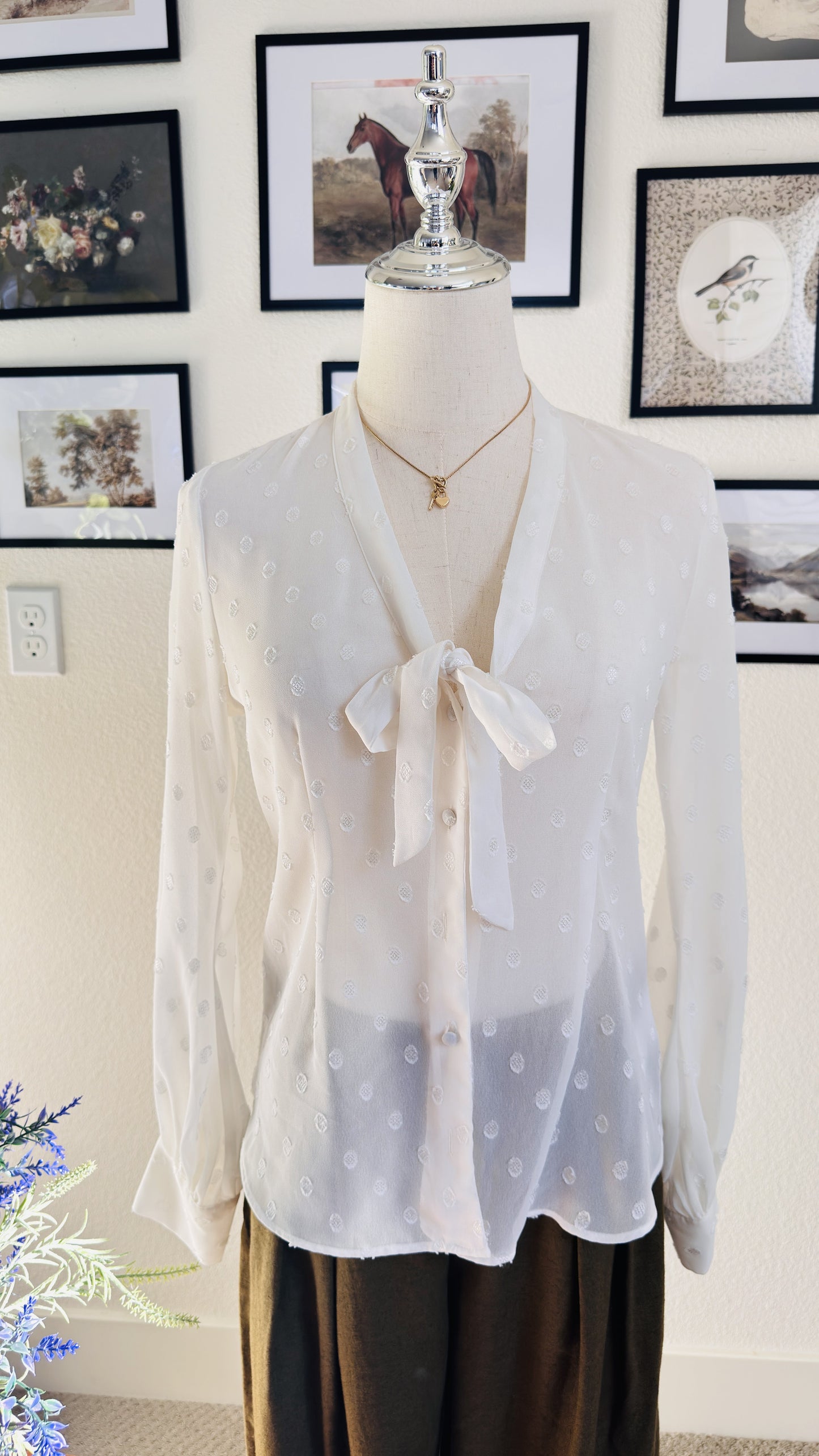 Express White Swiss Dot Tie-Neck Sheer Blouse - Size S Petite