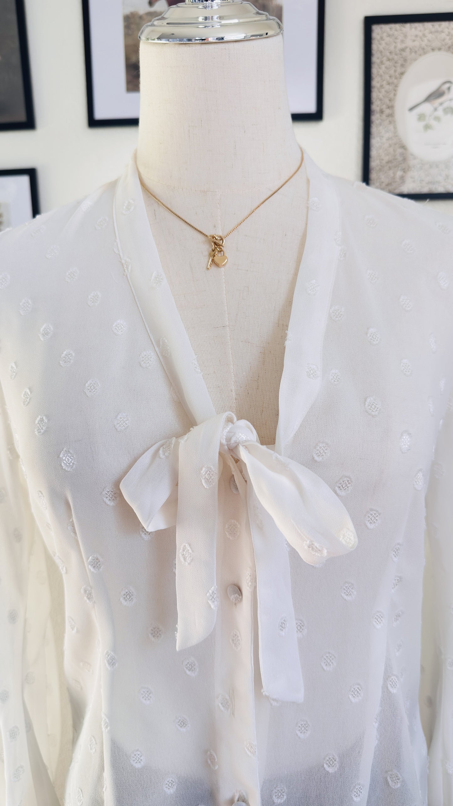Express White Swiss Dot Tie-Neck Sheer Blouse - Size S Petite