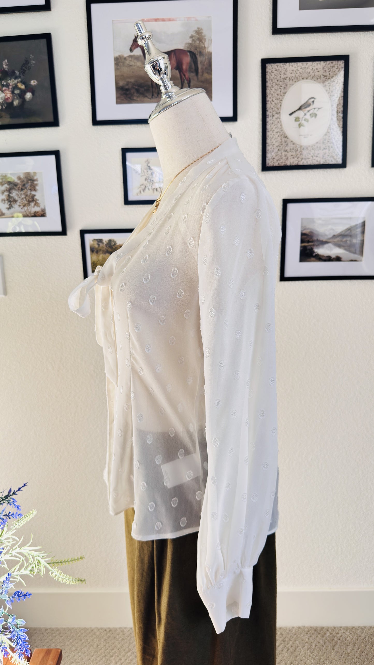 Express White Swiss Dot Tie-Neck Sheer Blouse - Size S Petite