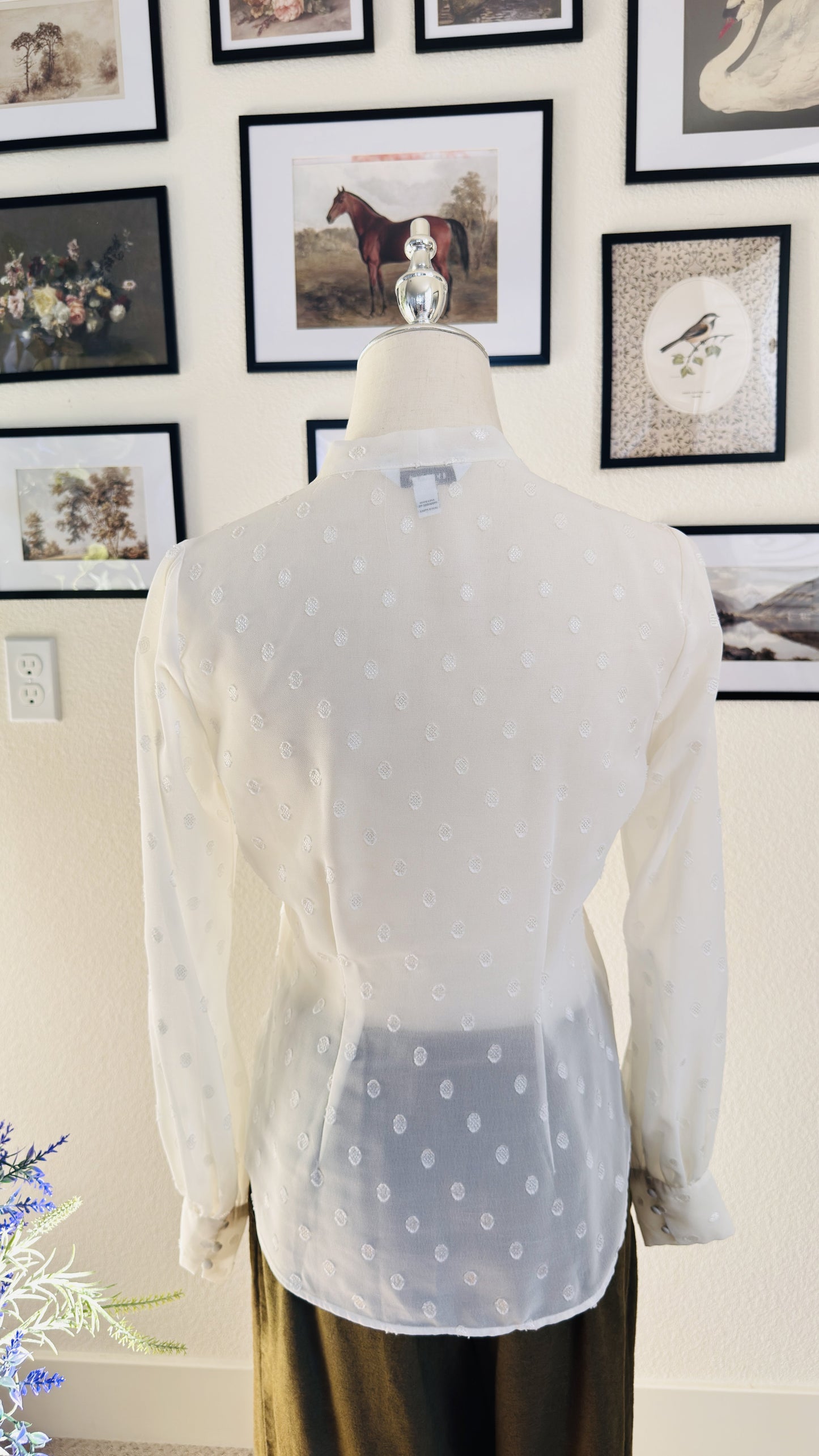Express White Swiss Dot Tie-Neck Sheer Blouse - Size S Petite