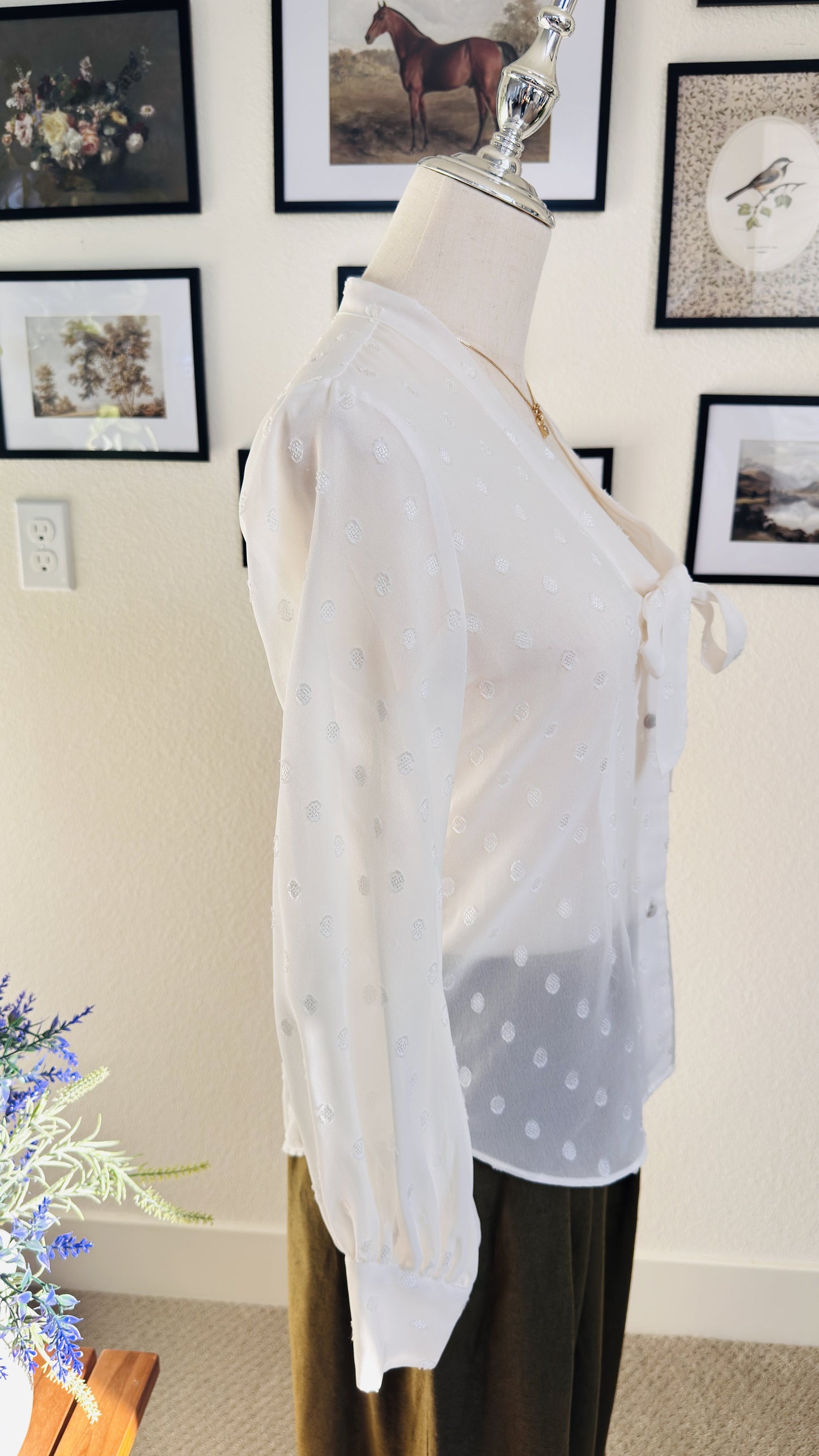 Express White Swiss Dot Tie-Neck Sheer Blouse - Size S Petite