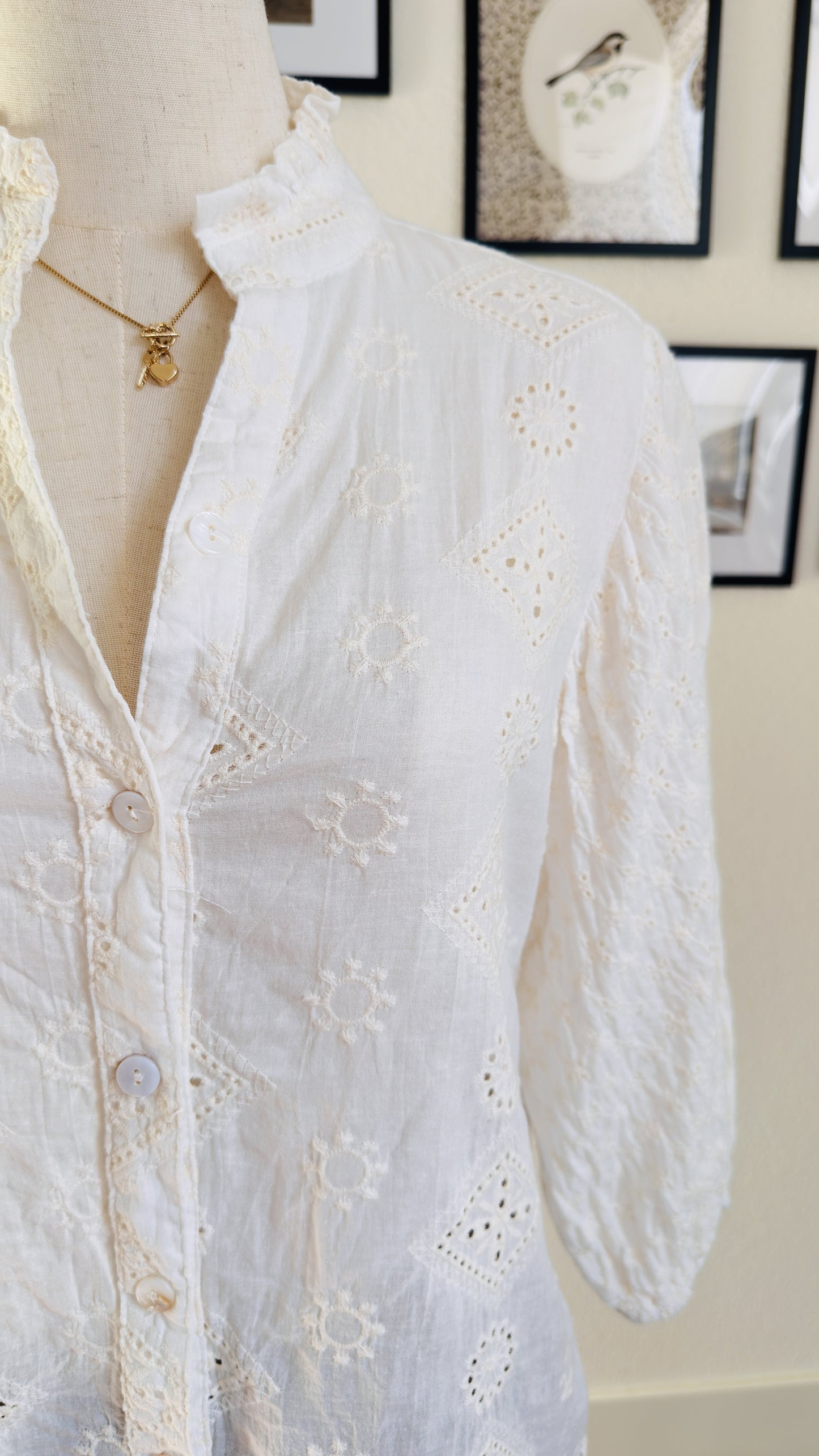 SOLITAIRE White Eyelet Embroidered Ruffle Collar Blouse - Size S