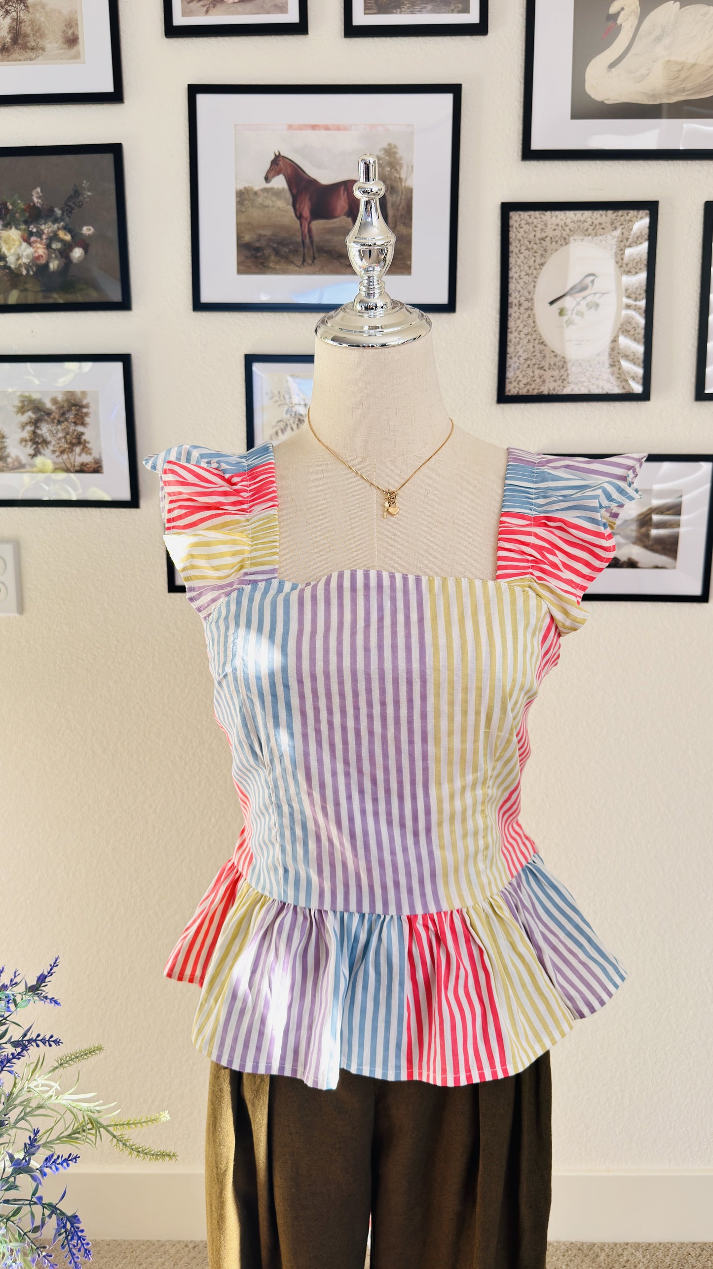 Iky & Me Rainbow Striped Ruffle Peplum Tie Back Top - Size S