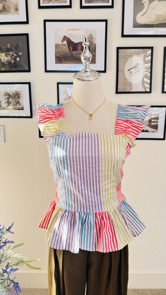 Iky & Me Rainbow Striped Ruffle Peplum Tie Back Top - Size S