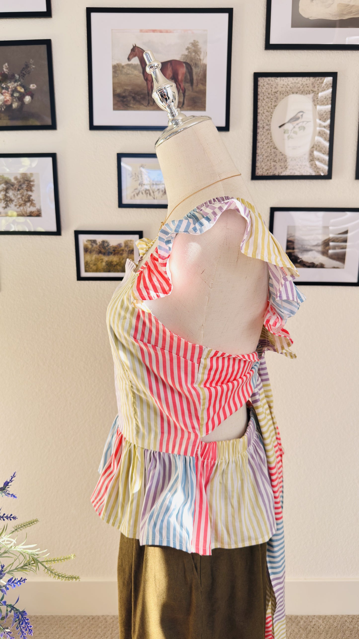 Iky & Me Rainbow Striped Ruffle Peplum Tie Back Top - Size S