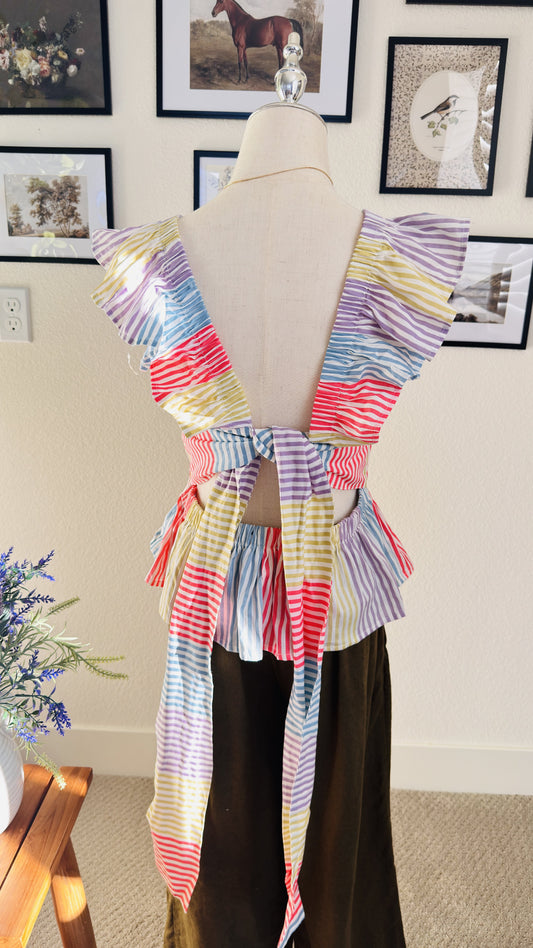 Iky & Me Rainbow Striped Ruffle Peplum Tie Back Top - Size S