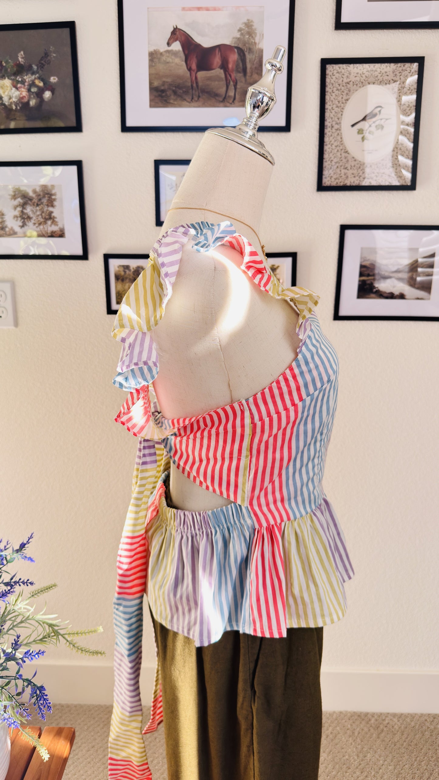 Iky & Me Rainbow Striped Ruffle Peplum Tie Back Top - Size S