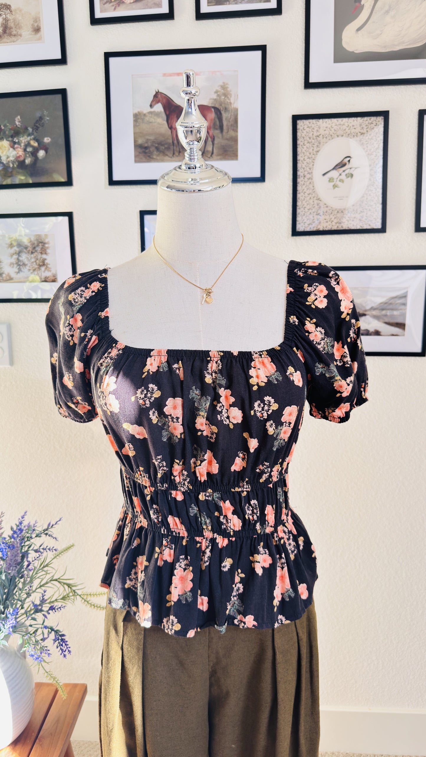 Floral Puff Sleeve Smocked Peplum Top - Size S