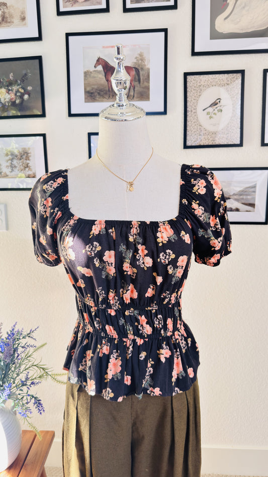Floral Puff Sleeve Smocked Peplum Top - Size S