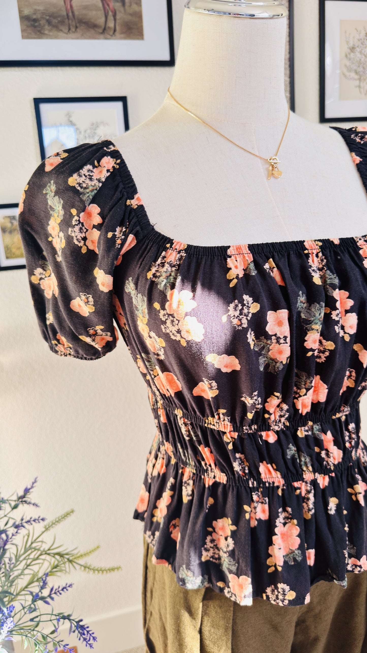 Floral Puff Sleeve Smocked Peplum Top - Size S