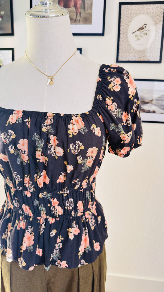 Floral Puff Sleeve Smocked Peplum Top - Size S