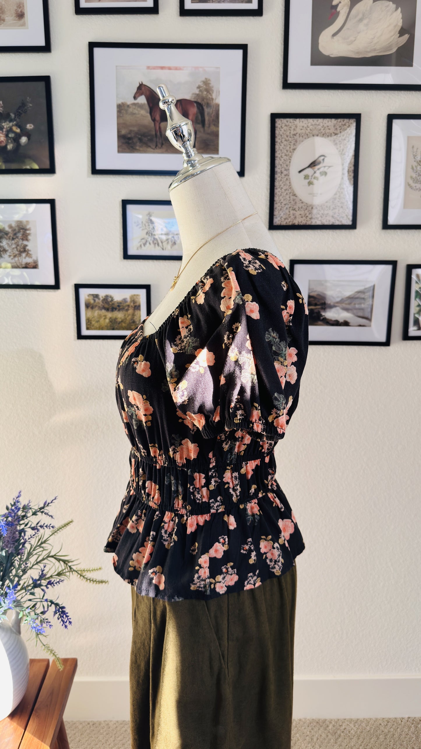 Floral Puff Sleeve Smocked Peplum Top - Size S