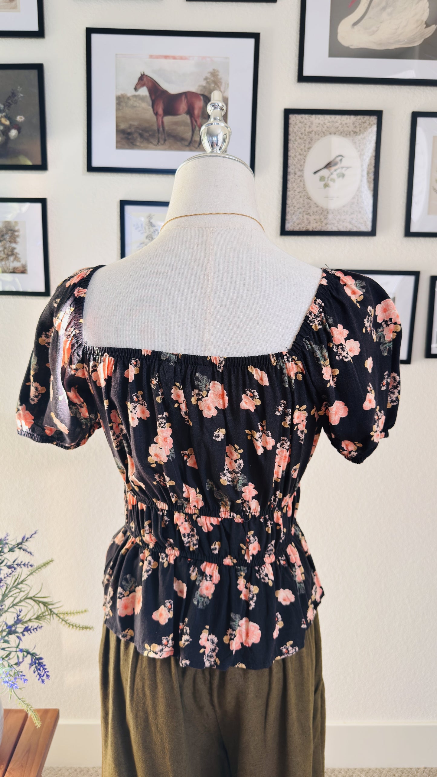 Floral Puff Sleeve Smocked Peplum Top - Size S