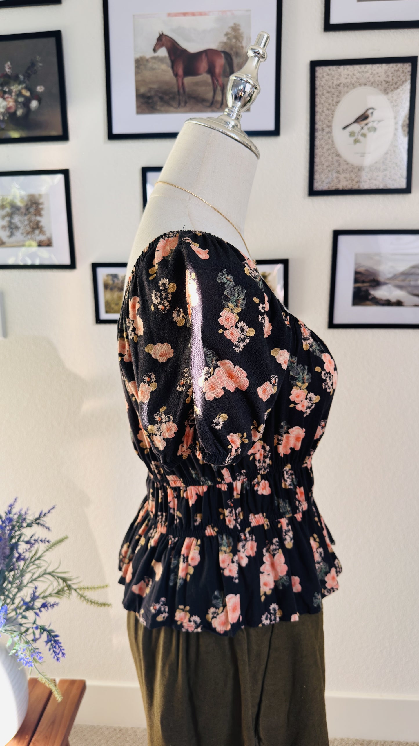 Floral Puff Sleeve Smocked Peplum Top - Size S