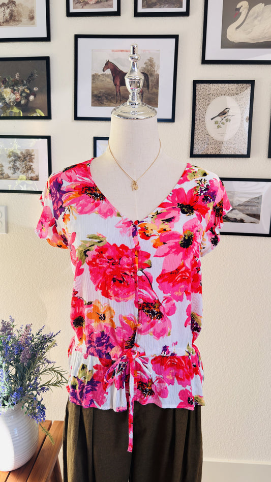 Vince Camuto Floral Print V-Neck Tie-Waist Blouse - Size S