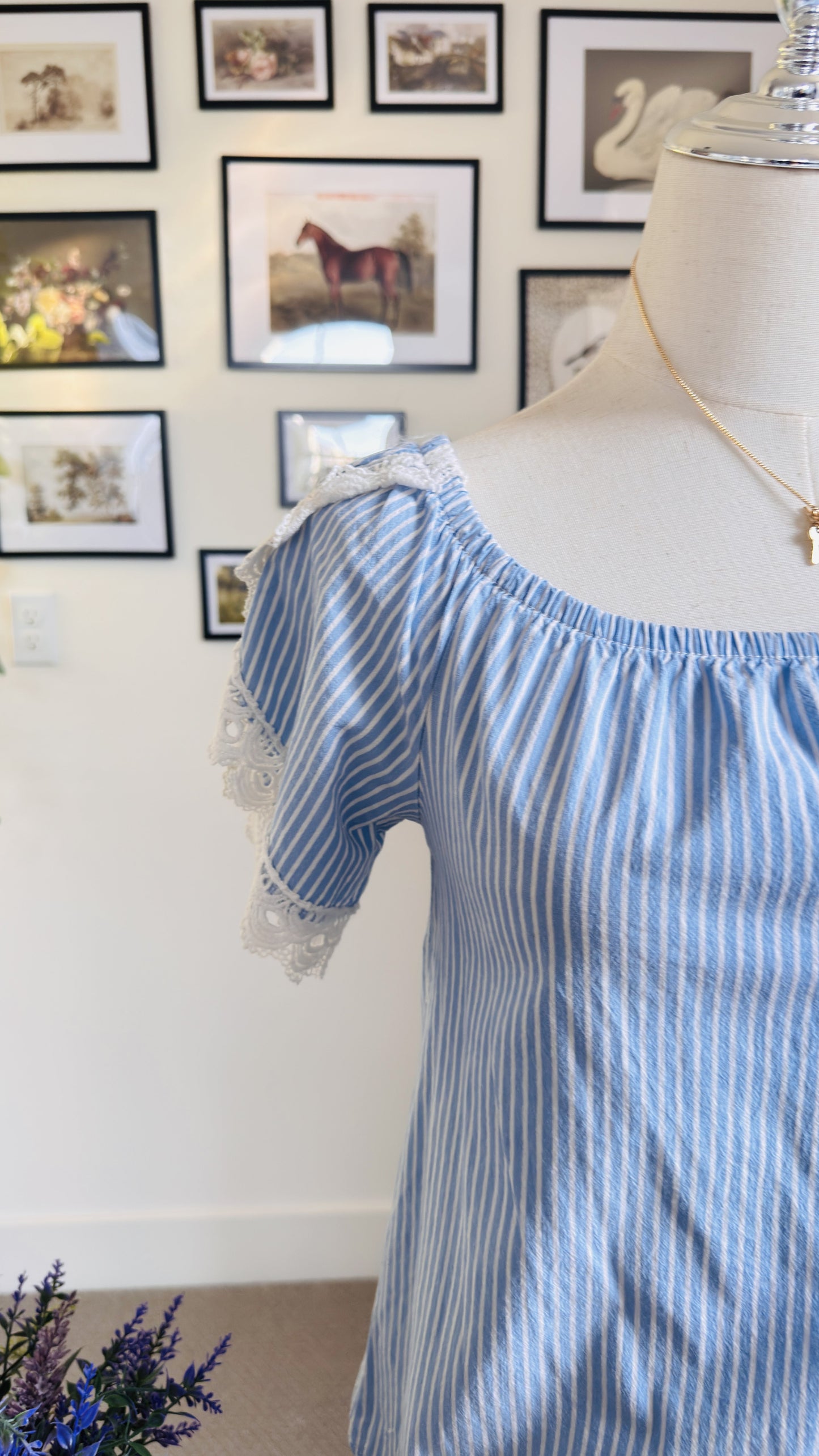 Blue and White Striped Off-The-Shoulder Lace Trim Top Size S