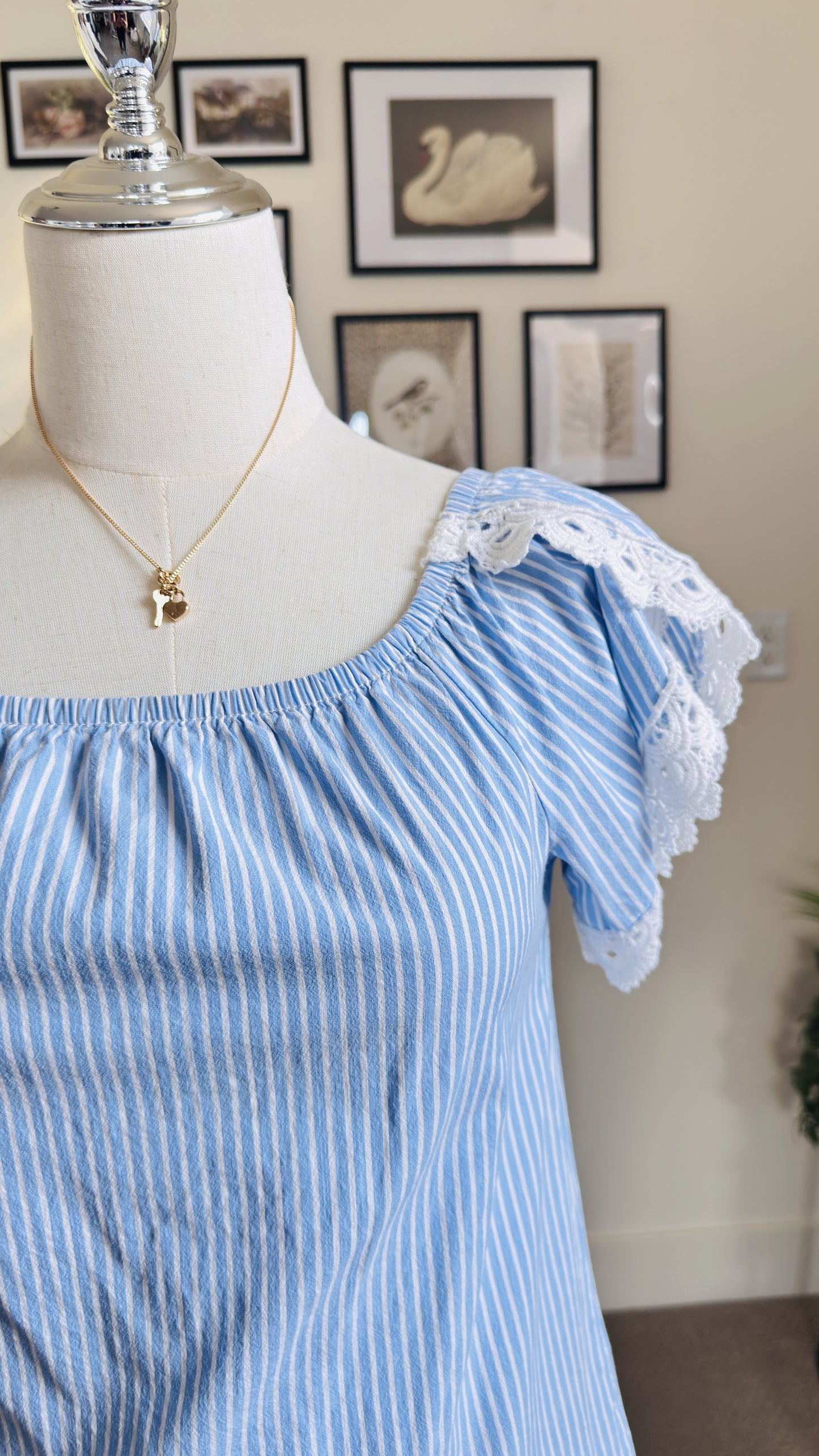 Blue and White Striped Off-The-Shoulder Lace Trim Top Size S