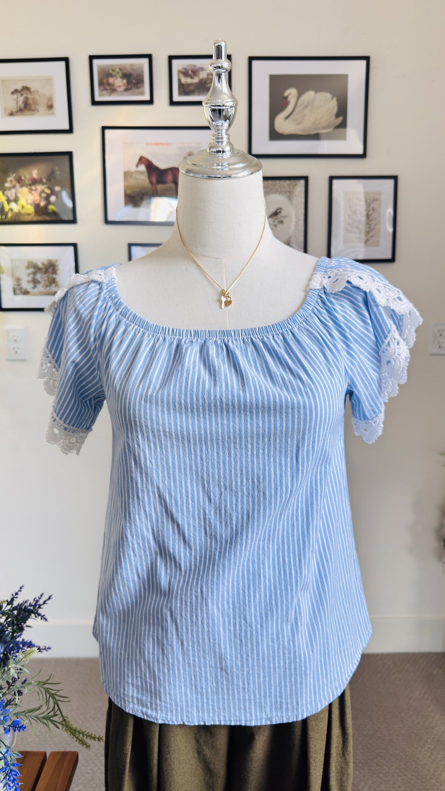 Blue and White Striped Off-The-Shoulder Lace Trim Top Size S