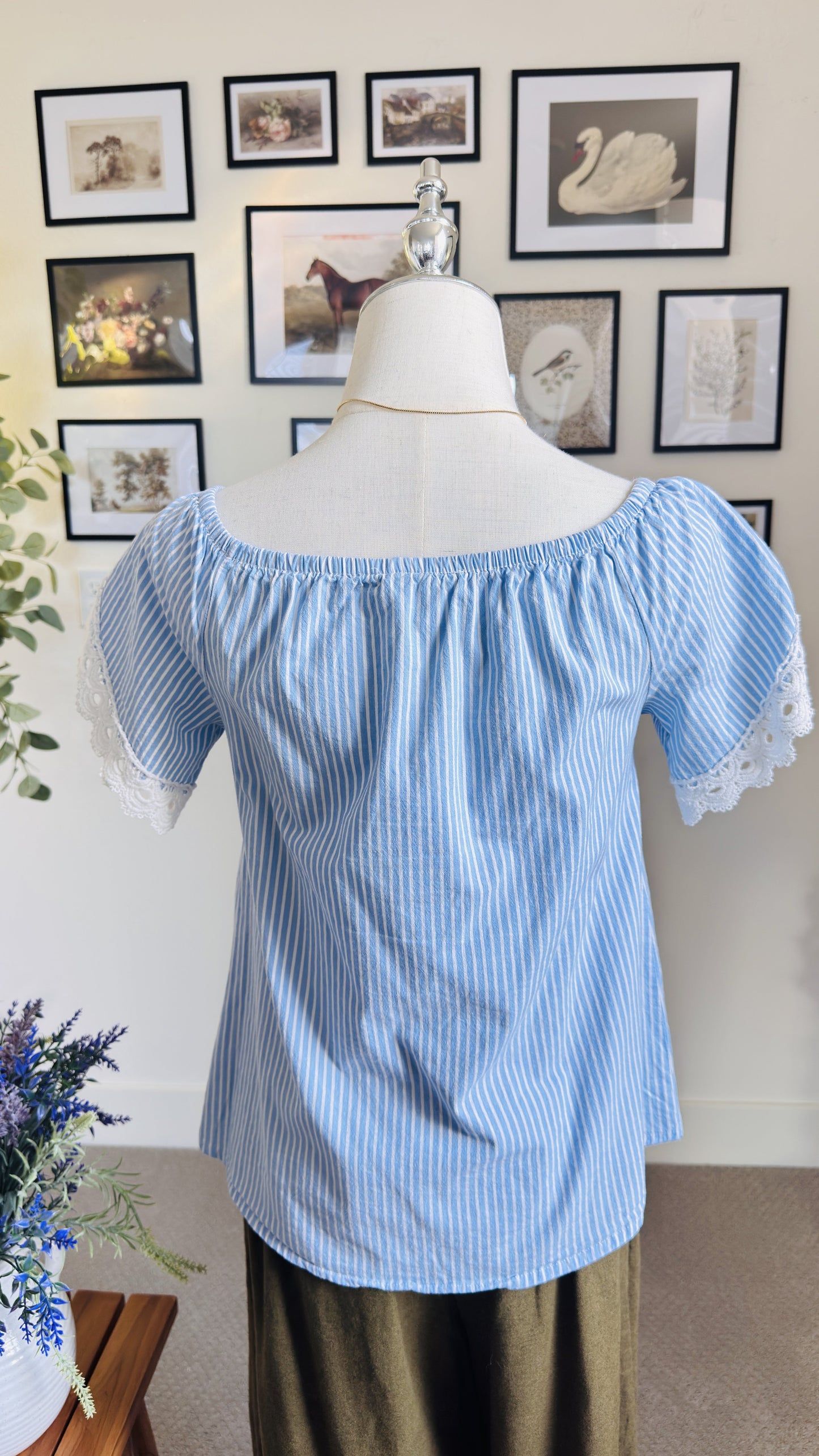 Blue and White Striped Off-The-Shoulder Lace Trim Top Size S