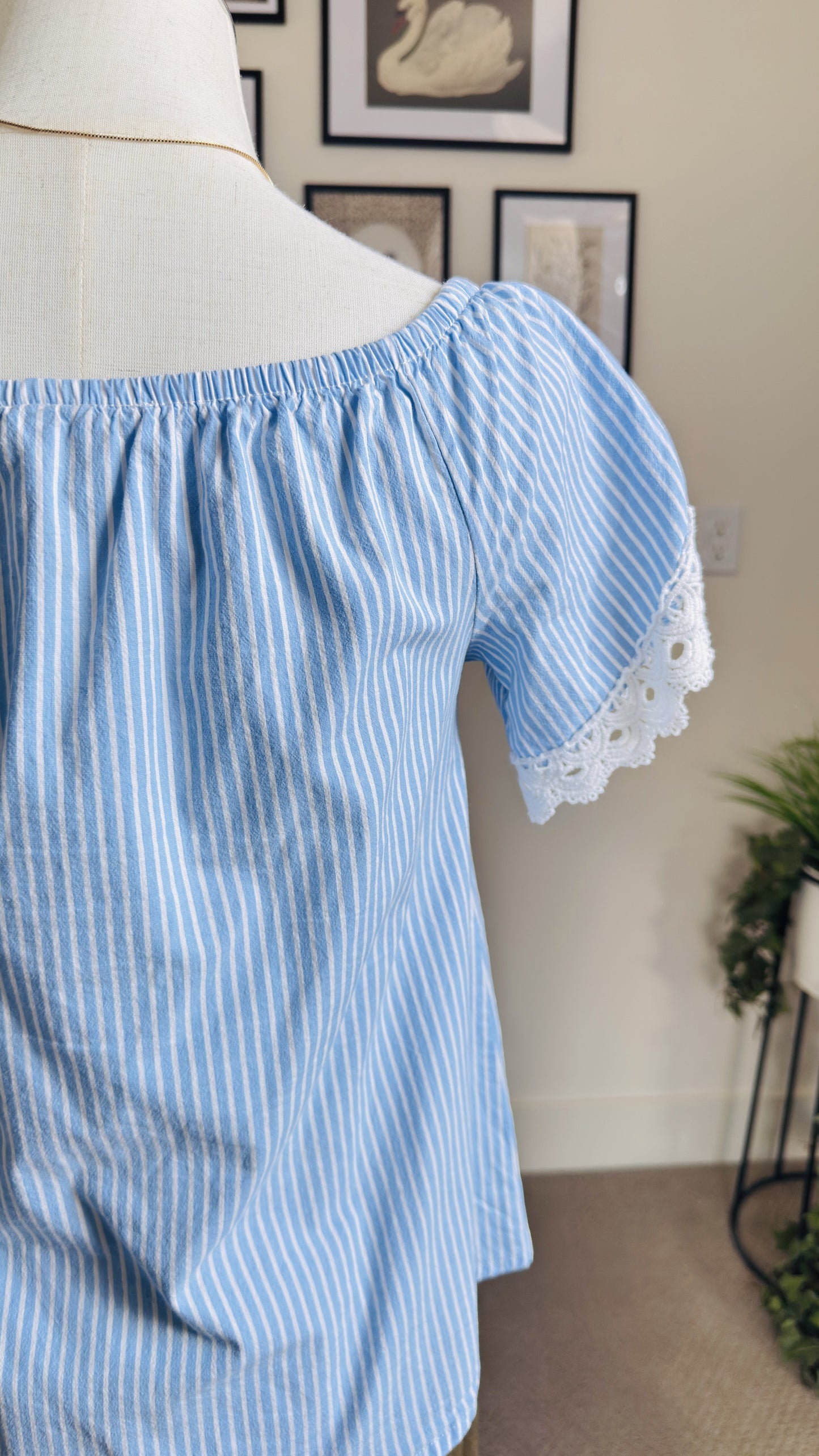 Blue and White Striped Off-The-Shoulder Lace Trim Top Size S