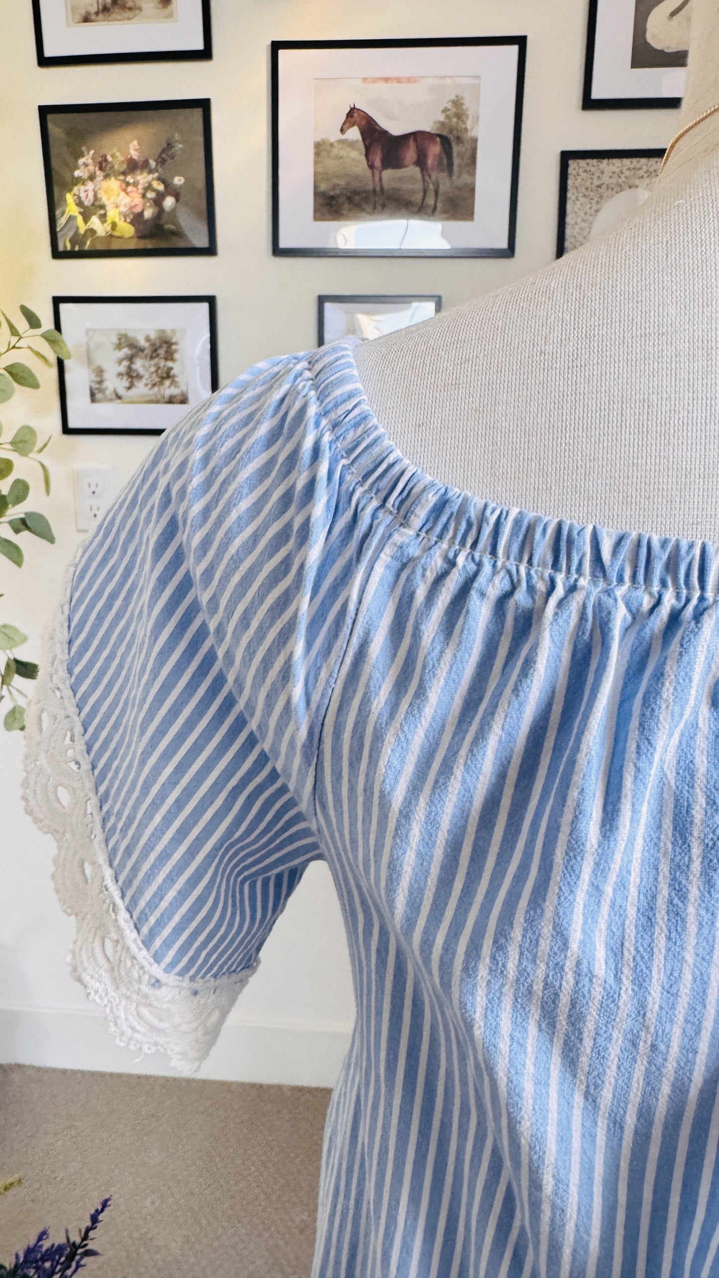 Blue and White Striped Off-The-Shoulder Lace Trim Top Size S