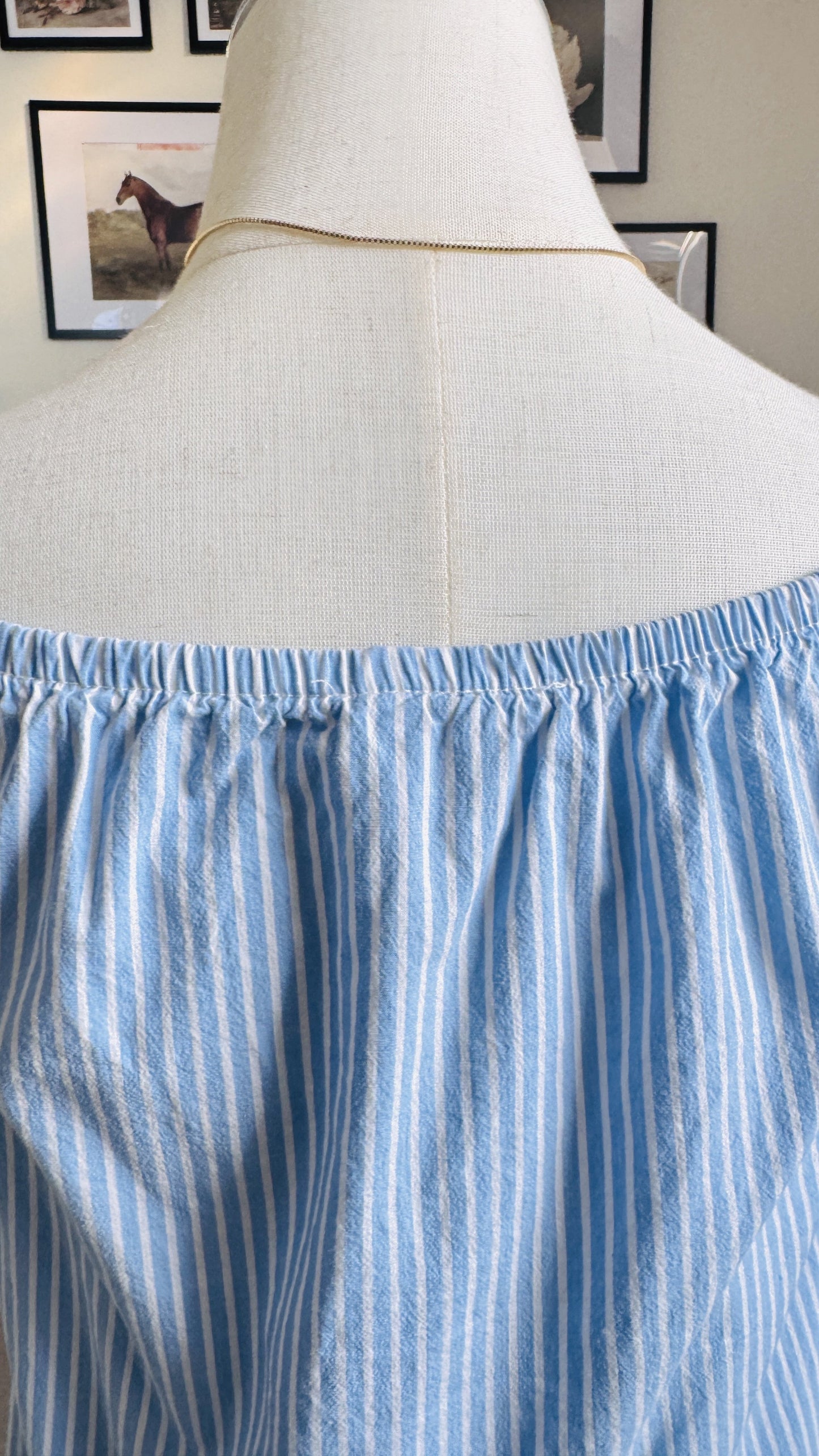 Blue and White Striped Off-The-Shoulder Lace Trim Top Size S