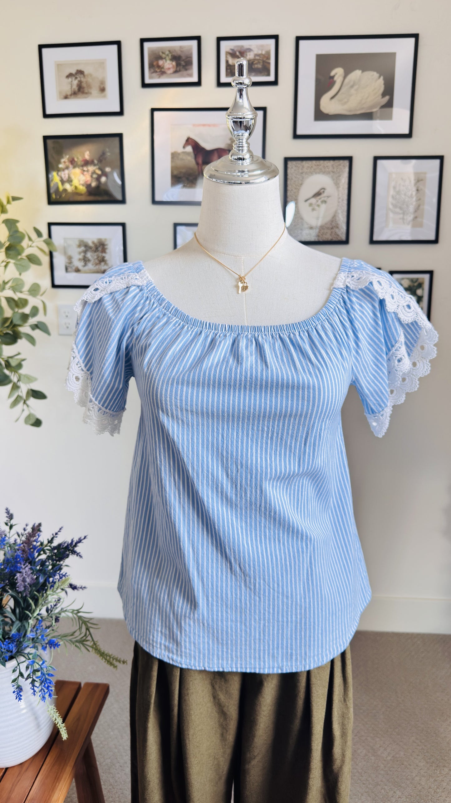 Blue and White Striped Off-The-Shoulder Lace Trim Top Size S