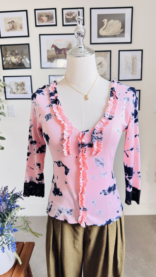 Green Apple Los Angeles Pink Tie-Dye Rhinestone Ruffle Top - Size S