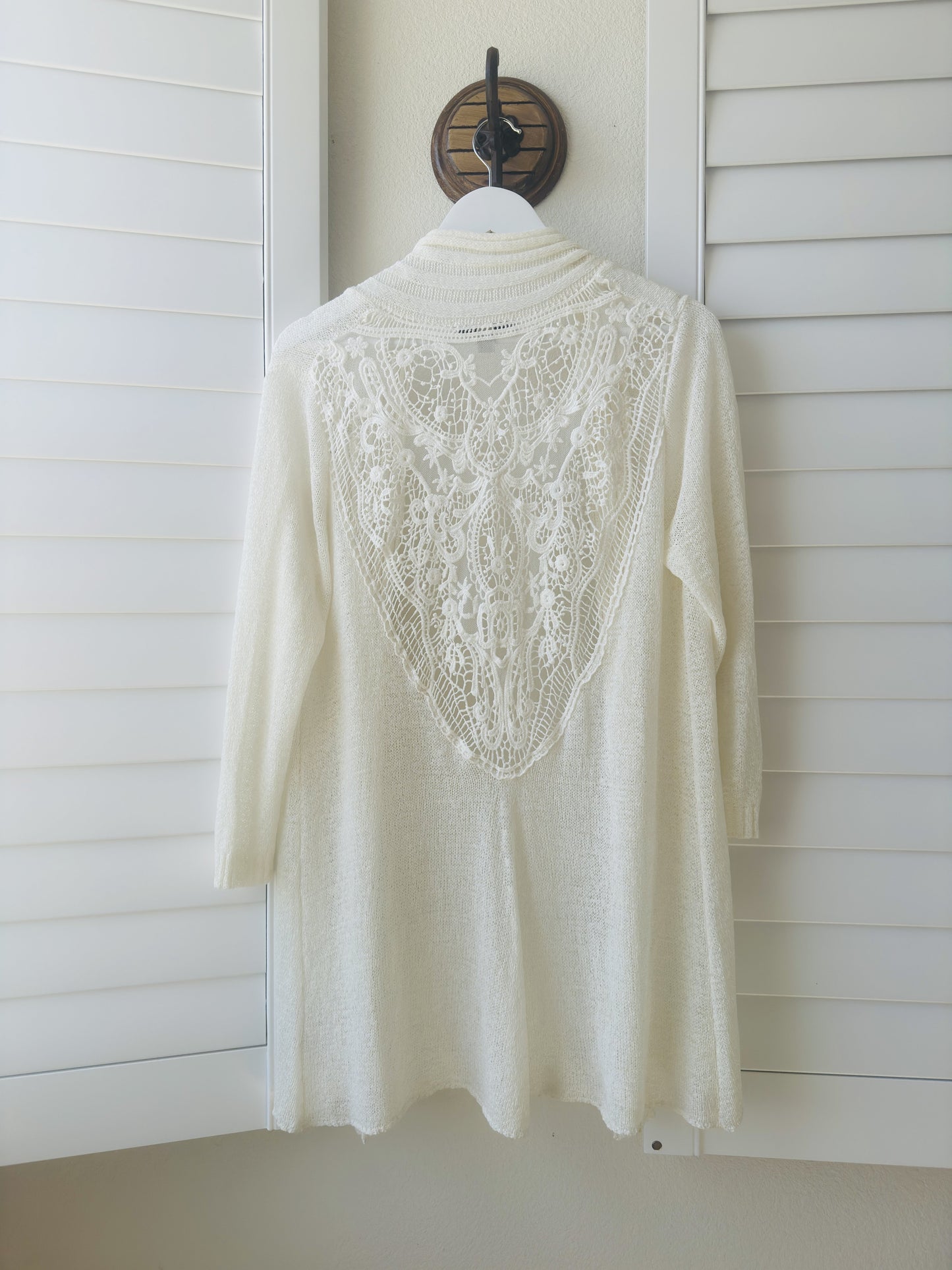 Fever White Open Front Crochet Lace Back Cardigan - Size M