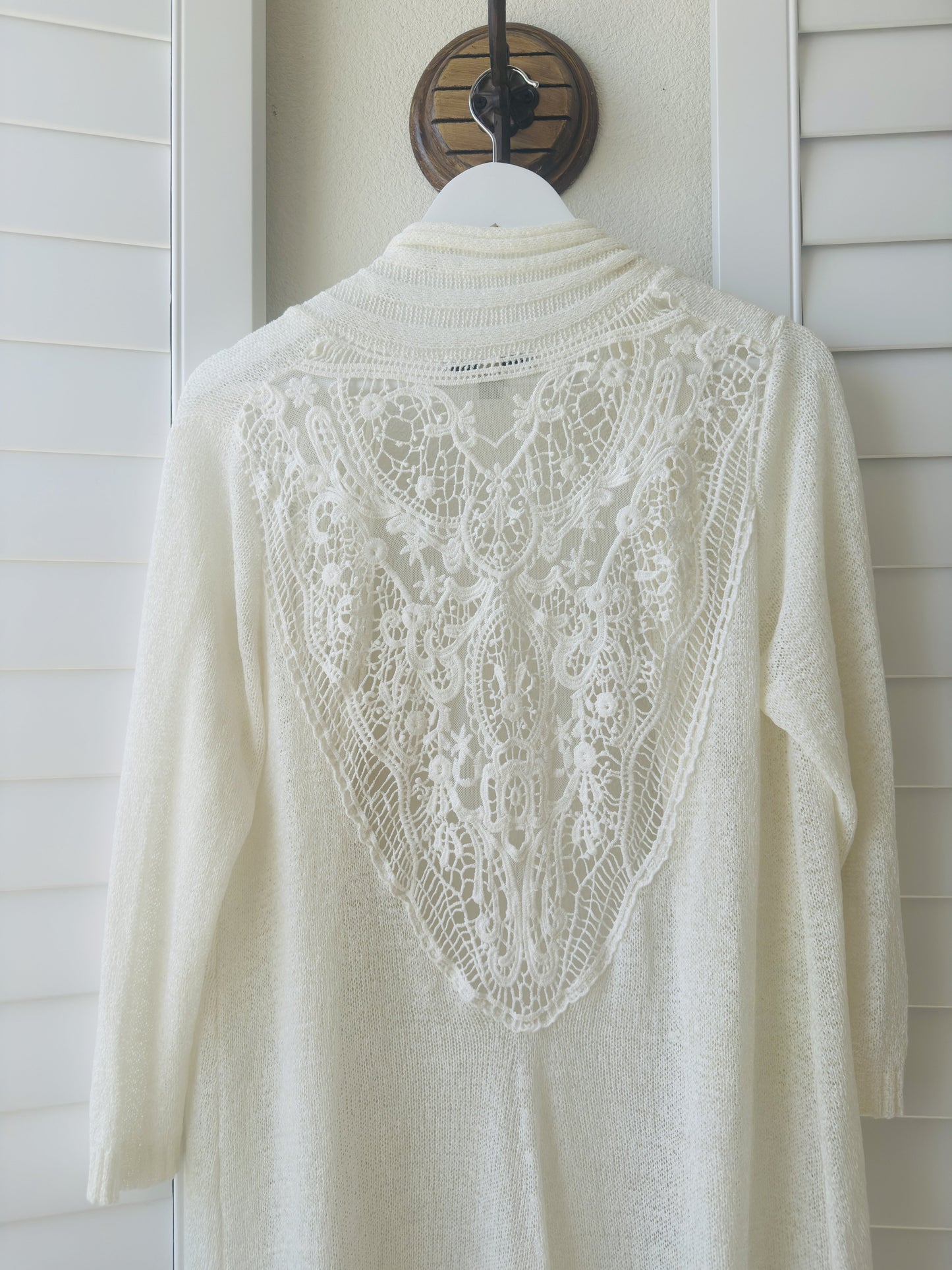Fever White Open Front Crochet Lace Back Cardigan - Size M