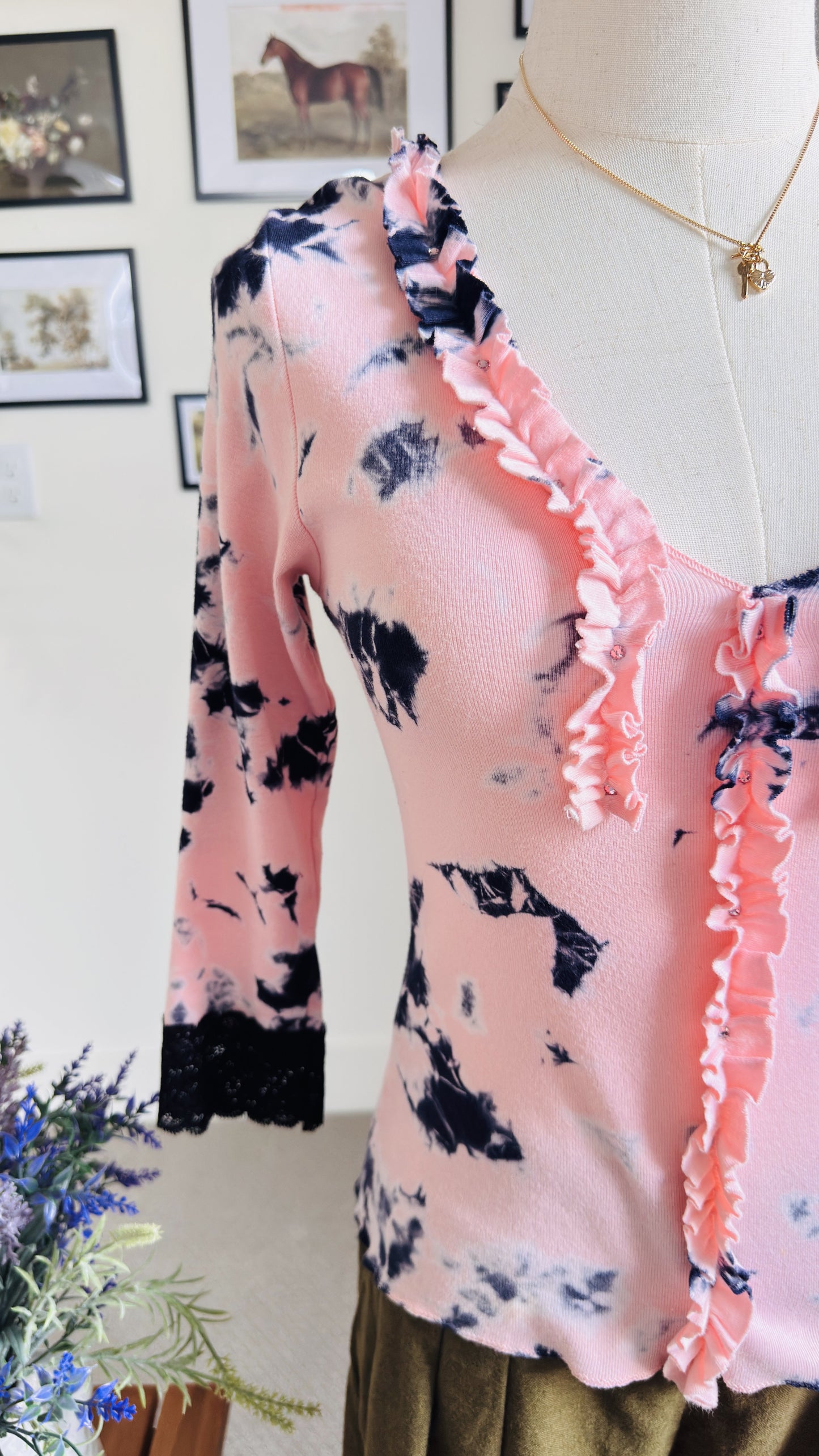 Green Apple Los Angeles Pink Tie-Dye Rhinestone Ruffle Top - Size S